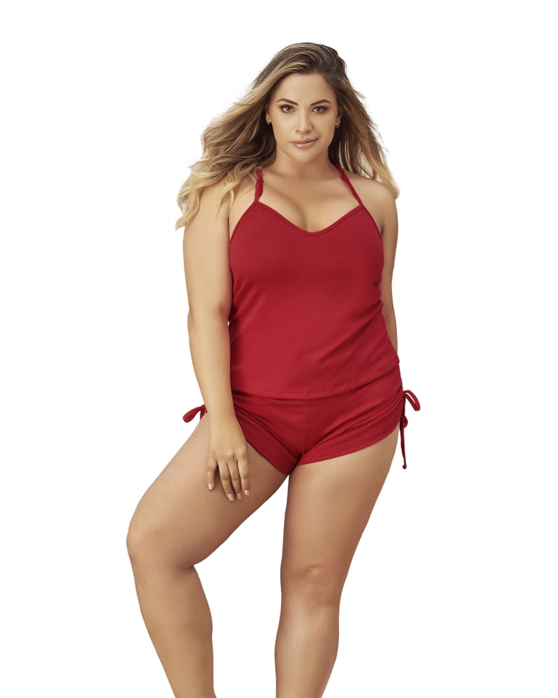 Front of a model wearing a size 1X/2X Dreamy Two Piece Sleep Set in Red by Mapalé. | dia_product_style_image_id:271772